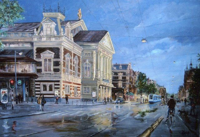 Concertgebouw in regen (olie)